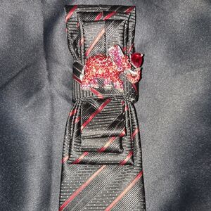 Elegant Black and Red Striped Necklace Tie with Elephant Accent